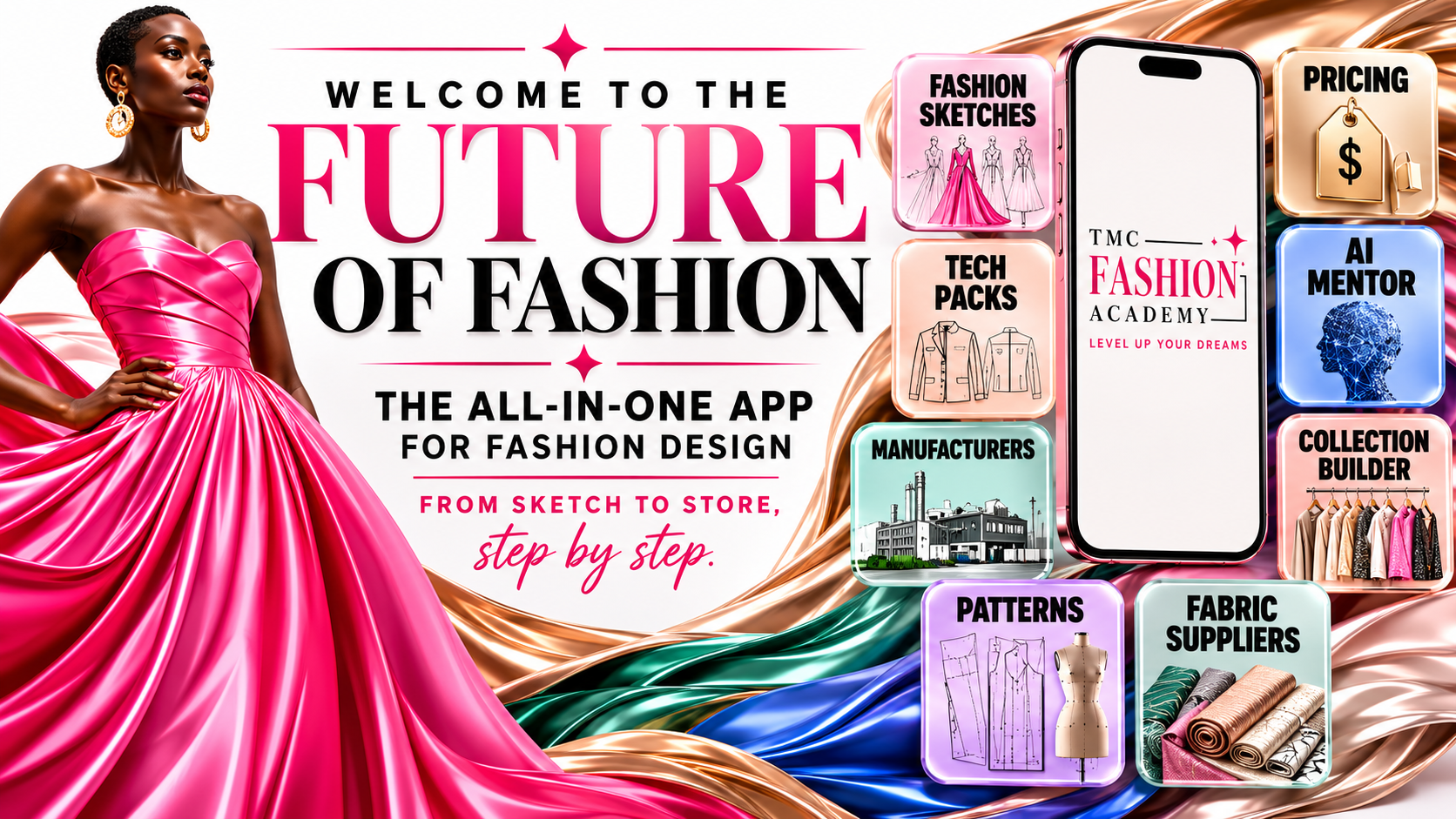 TMC Fashion Academy — the all-in-one app for fashion design, from sketch to store, step by step.